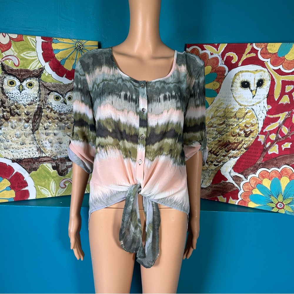 Heart Soul Tie Front Blouse Women Pink Green Boho Artsy Y2K Festival Top